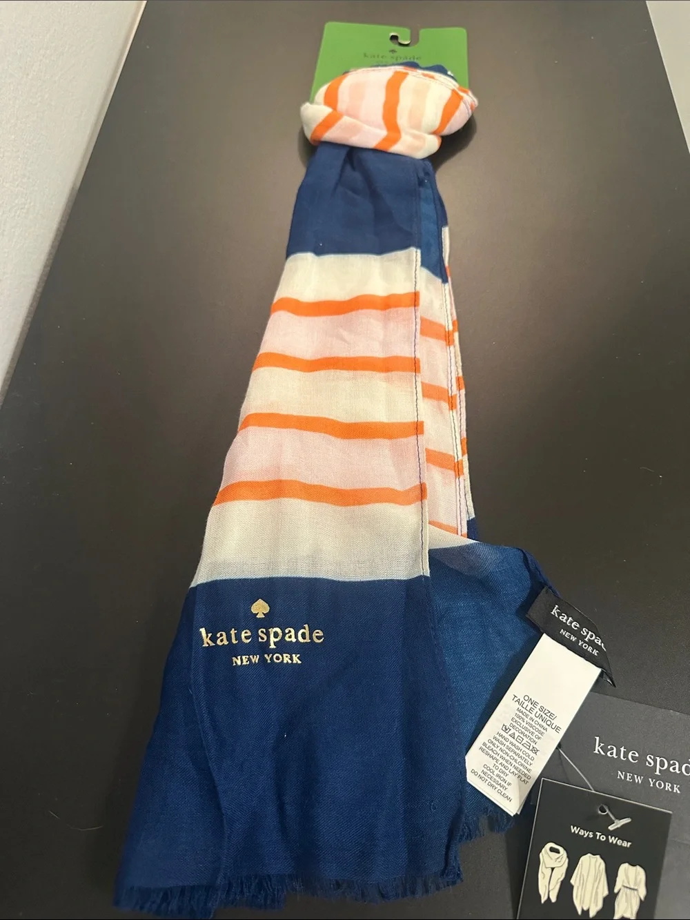 NWT Kate Spade Navy White & Orange Striped Scarf